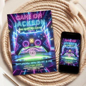 Video Game Birthday Invitation Template – Neon Arcade “Level Up” Glow Party, Editable Canva g
