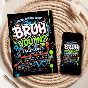 Bruh Birthday Invitation, Neon Graffiti Party (Editable Template Download) b