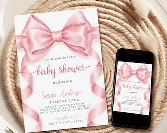 Bow Baby Shower Invitation, Bow Girl Baby Shower Invite, Girl Coquette Baby Shower Invite, Pink Bow Baby Shower Editable Canva p