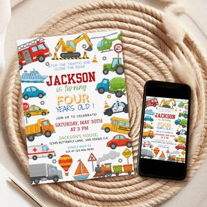 Transportation Birthday Invitation Template – Trucks, Cars & Train Party Invite, Editable Canva Digital Download h