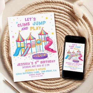 編集可能な遊び場の誕生日招待状、バウンス屋内遊び場、ソフトプレイクライム、編集可能なジャングルジムパーティー招待状テンプレートのダウンロード p1