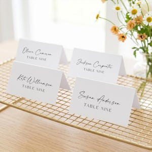 May include: Four white folded place cards with black printed text. Each card displays a name in script font followed by the text TABLE NINE in a sans-serif font. The names are Olivia Cameron, Jackson Carpenter, Kate Williamson, and Susan Anderson.