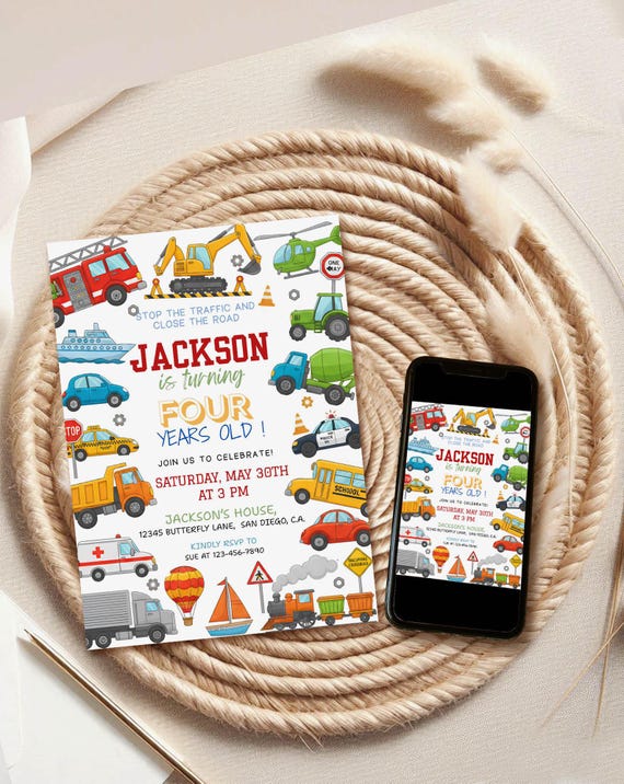 Transportation Birthday Invitation Template – Trucks, Cars & Train Party Invite, Editable Canva Digital Download h