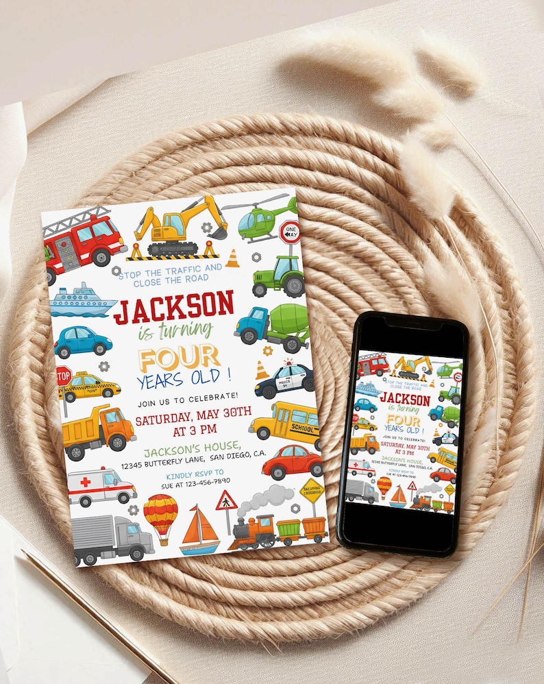 May include: A birthday invitation with colorful illustrations of various vehicles, including a fire truck, excavator, and school bus. The invitation reads "Jackson is turning FOUR years old!" and includes event details. A smartphone displays the same design.