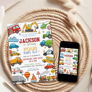 May include: A birthday invitation with colorful illustrations of various vehicles, including a fire truck, excavator, and school bus. The invitation reads "Jackson is turning FOUR years old!" and includes event details. A smartphone displays the same design.