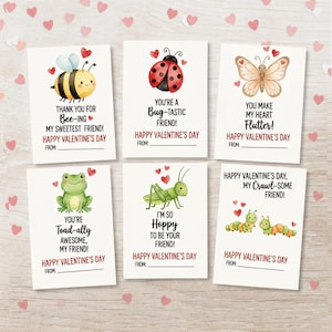 May include: Six Valentine's Day cards with insect and amphibian illustrations. Each card has a pun, like "Bee-ing my sweetest friend" and "You make my heart flutter!" The cards are white with red hearts scattered around.