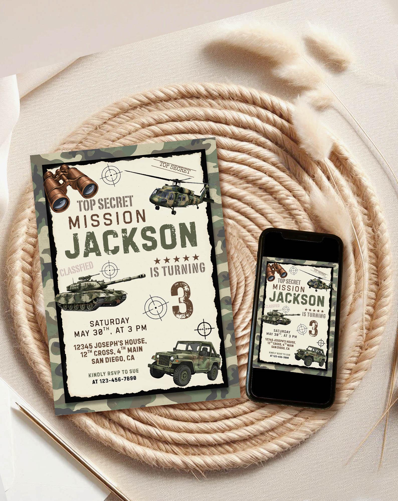 Military Army Birthday Invitation, Soldier Theme Party Invite, Editable ...