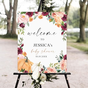 Signo de bienvenida del baby shower de la pequeña calabaza, signo de bienvenida del baby shower de otoño, signo rústico de la calabaza de otoño, signo de plantilla imprimible neutral de género