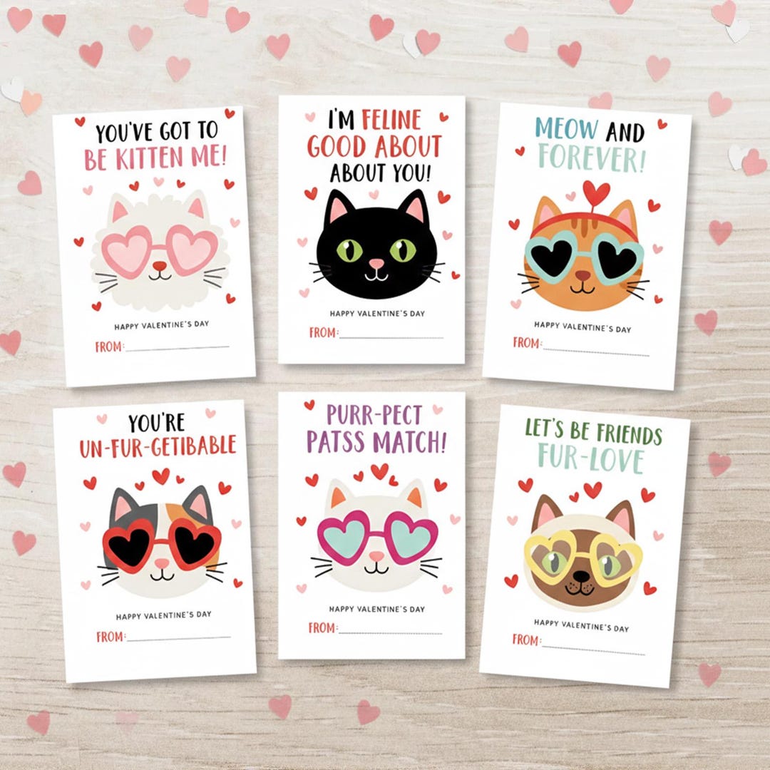 Cat Pun Valentine's Day Cards, Kids Classroom Valentines (printable ...