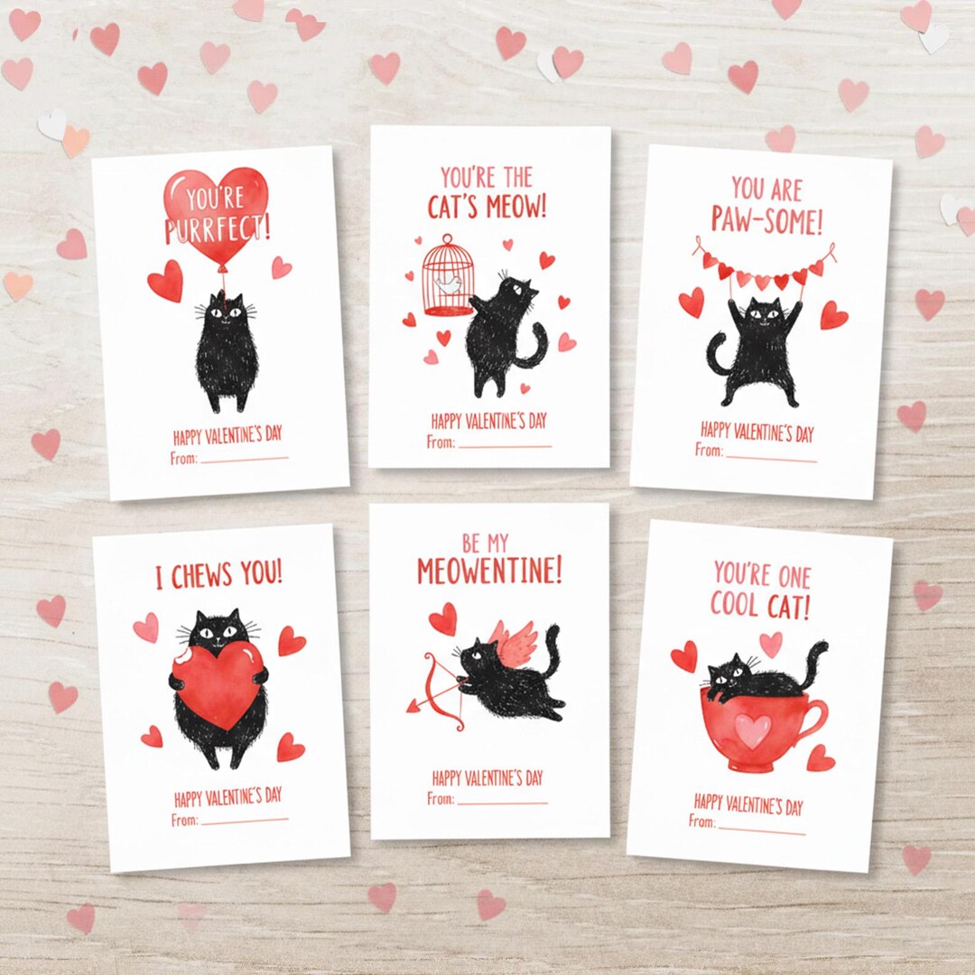 Cat Valentine's Day Cards for Kids, Printable Classroom Gift Tags ...
