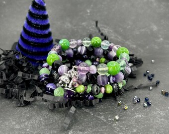 Halloween Wrap Cuff Bracelet AND Earrings Witch Cauldron Hat Silver Charms Purple Green Beads by RML Jewelry