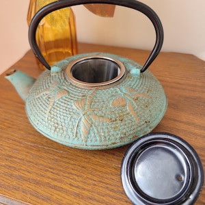 May include: A teal blue cast iron teapot with a gold floral design and a black handle. The teapot has a built-in strainer and comes with a matching lid.