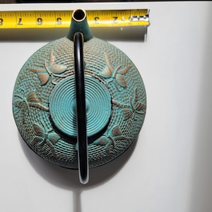 May include: A teal blue cast iron teapot with a black handle and gold dragonfly accents.