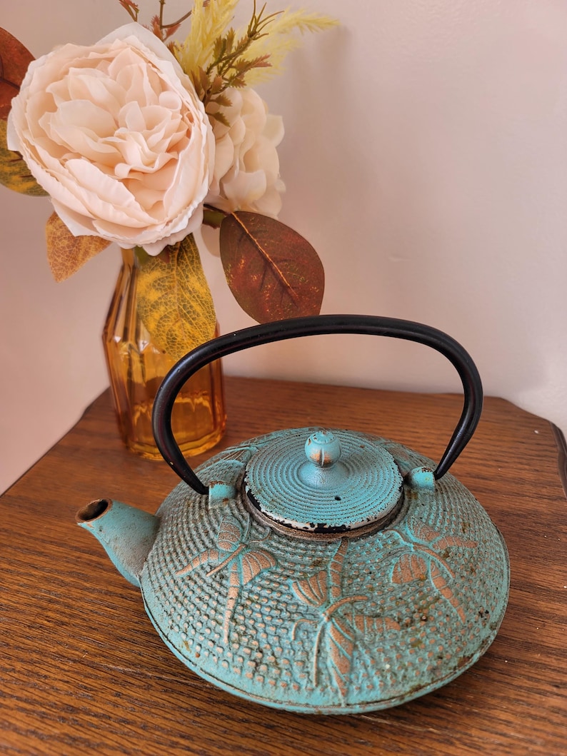 May include: A teal blue cast iron teapot with a black handle and a lid. The teapot has a textured surface and a dragonfly design.