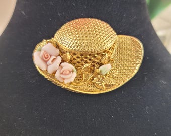 1920s Golden Garden Party Brooch, Garden Hat and Flowers Antique Shawl Pin, Vintage Victorian Garden Party Pin, English Tea Party Brooch