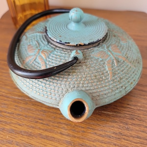 May include: A teal blue cast iron teapot with a black handle and a gold-colored design. The teapot has a round body and a lid with a small knob on top.