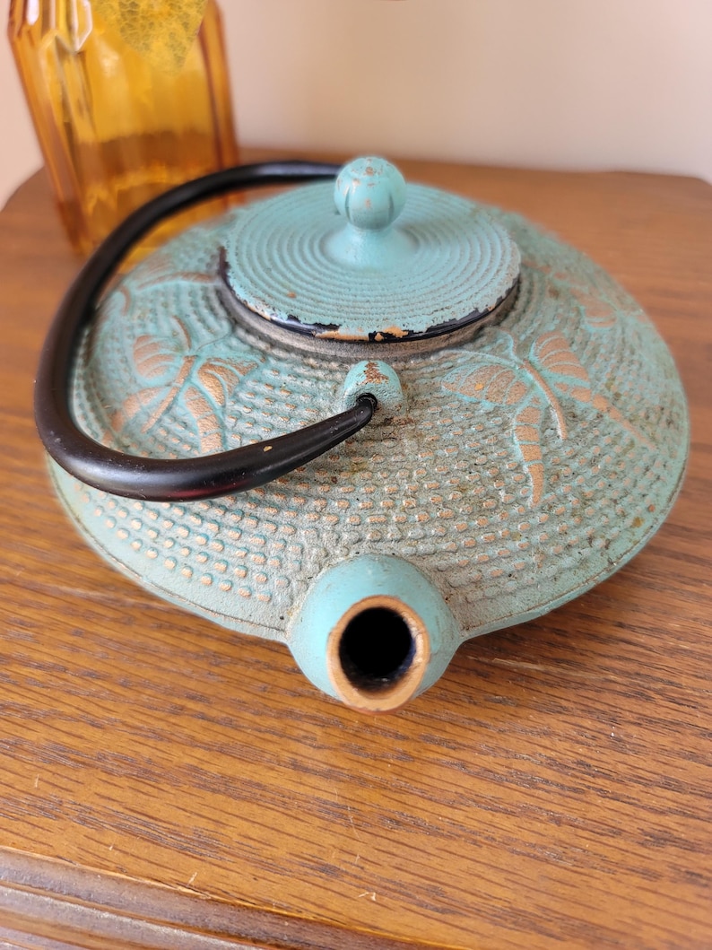 May include: A teal blue cast iron teapot with a black handle and a gold-colored design. The teapot has a round body and a lid with a small knob on top.