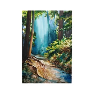 Fairytale Forest painted in Watercolor on paper, Original Landscape Painting Blue Green Misty Forest Artwork, Home Decor Painting Wall Art
