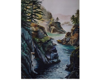 Original mountain watercolor landscape painting Blue ocean painting Small watercolor ocean artwork watercolor wall art