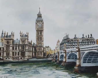 London watercolor painting from photo, European architecture travel watercolor, New home art decor gift, Custom House Portrait