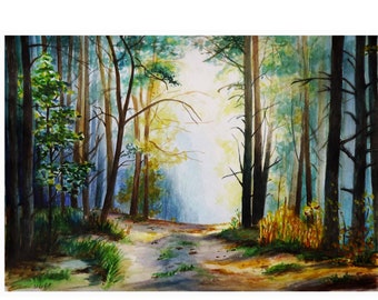Forest watercolor painting, Digital Download, Ukraine sellers digital watercolor, Ukraine artist, Foggy tree painting, Watercolor landscape