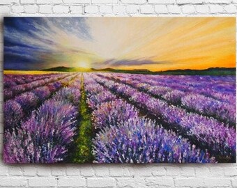 Purple lavender oil painting on canvas. French scenery lavender field art. Custom landscape painting. Floral painting. France Rustic Flowers
