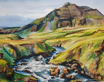Aangepaste aquarel schilderij van foto, rokerige bergen, aangepaste landschapsschilderkunst, bergwaterval schilderij, landschapscommissie