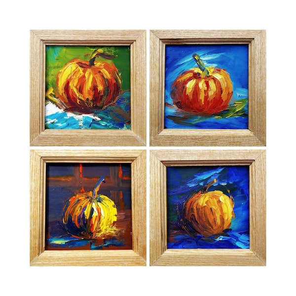 Ensemble de 4 petites peintures à l’huile de citrouille avec cadres nourriture nature morte peinture rustique décor à la maison décor mural d’automne art mural ferme d’automne