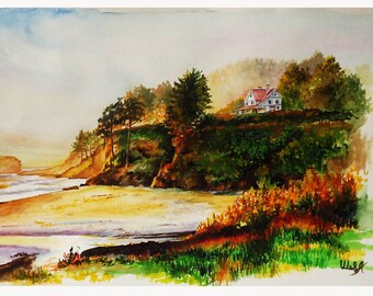 Pacific Northwest art painting, Ukraine sellers digital watercolor, Ukraine artist, Mountain wall art, Oregon coast, Lighthouse painting,