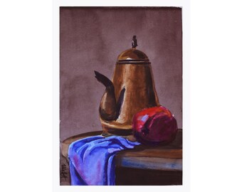 Watercolor still life Teapot pomegranate PRINT art DIGITAL PRINTABLE Country Kitchen wall art Housewarming gift home decor Dark watercolour