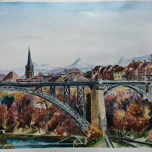 Town scenery watercolor painting, Custom city landscape painting, Old town painting, Commission painting from photo, Architecture Painting