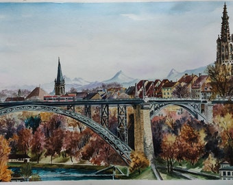 Aquarel stadslandschap, landschapsschilderkunst op maat, oude stad, schilderij in opdracht van foto, architectuurschilderij