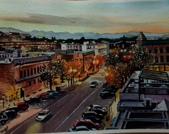 Night town scenery watercolor painting, Custom city landscape painting, Commission painting from photo, Architecture Painting, fine art