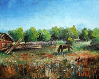 Ukraine instant download artwork digital Ukrainian village oil painting, Digital landscape painting print, House and horse painting print