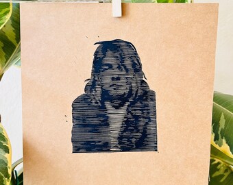 Kurt Cobain Linocut Art | Hand-Printed Portrait on Kraft Paper