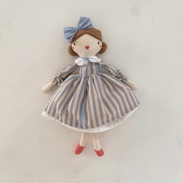 Beautiful handmade mini doll in blue stripe dress, brown hair, light brown eyes. Kids, gift, doll