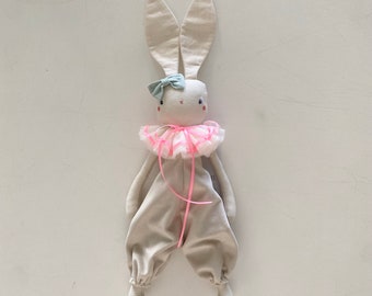SALE Beautiful handmade mini bunny circus doll, blue eyes, beige and pink. Kids, gift, doll