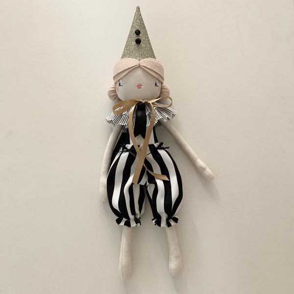 Handmade beautiful circus black, white and gold doll, 48cm with hat, gift, decor piece