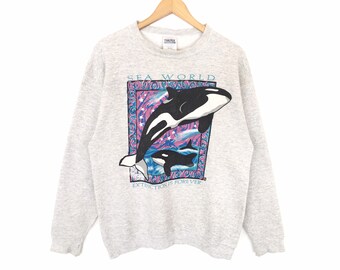 Vintage 90s Sea World Spellout Pullover Jumper Sweatshirt Extinction Is Forever Blue Whale Distressed