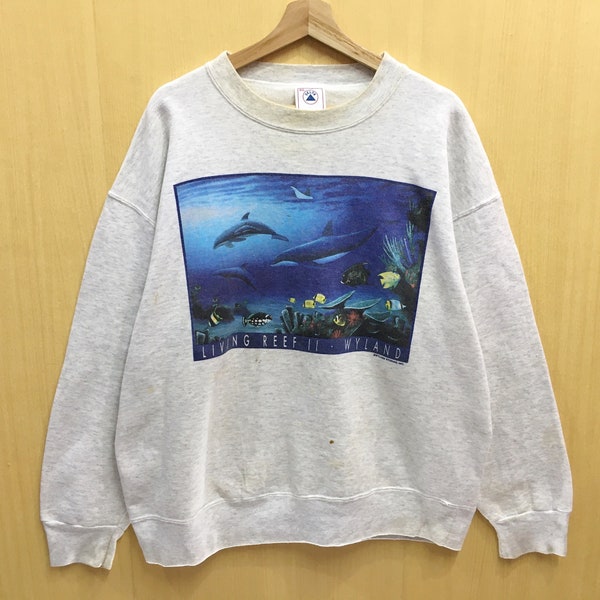 Vintage 90s Graphics Fish Wyland Spellout Pullover Jumper Sweatshirt Distressed Size XL