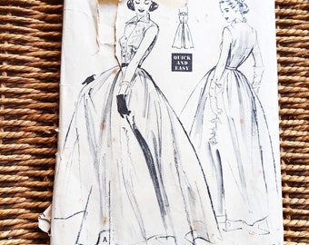 1950s Butterick Sewing Pattern 6040 Bust 34" Fit & Flare Evening Dress Button Front Wing Collar Bodice Pageant Prom New Look