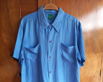 Vintage Retro 1980s 1990s Canda Pure Silk Loose Lightweight Short Sleeve Summer Shirt Blouse Mid Blue Size 12 Smart Casual Workwear