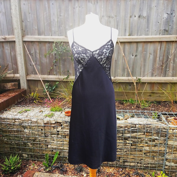 Vintage retro Glamorous 1980s St Michael Black Shiny Satin Lace Petticoat Nightie Full Slip Clubbing Dress Size 12 Long 34" Bust