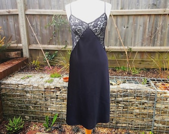 Vintage retro Glamorous 1980s St Michael Black Shiny Satin Lace Petticoat Nightie Full Slip Clubbing Dress Size 12 Long 34" Bust