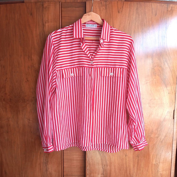 Vintage 1980s Jaeger Shirt Blouse Size 36" Bust Red White Striped Smart Casual Lightweight Long Sleeves Office Workwear
