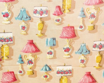 Raro tessuto per tende in tela di cotone vintage retrò degli anni '50 e '60, multicolore, vivace, kitsch, lampada, stampa, 112 x 150 cm (45 x 60") larghezza x lunghezza