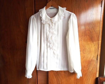 1960s 1970s Planet Loose Blouse Shirt Semi Sheer Cream Lace Ruffle Pleat Front Peter Pan Collar Size 10