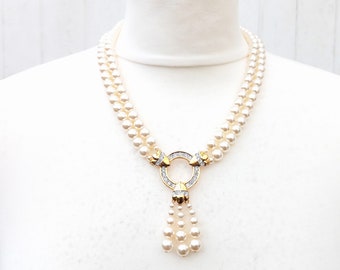 Vintage 1980s 1990s Faux Pearl Necklace Double Strand Gold Tone Diamante Pendant Marked German Silver Heavy Quality Statement Piece