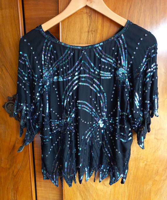 Vintage 1970s St Vini Black Silk Peacock Sequinne… - image 2