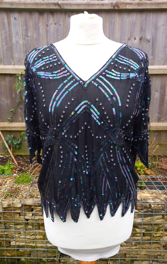 Vintage 1970s St Vini Black Silk Peacock Sequinne… - image 6